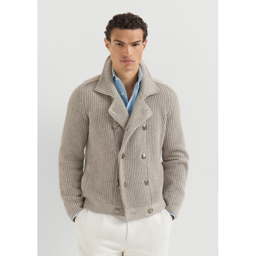 Cardigan BRUNELLO CUCINELLI Marina en cachemire à demi-côtes anglaise marron clair croisé bouton métal