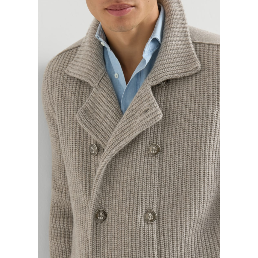 Cardigan BRUNELLO CUCINELLI Marina en cachemire à demi-côtes anglaise marron clair croisé bouton métal