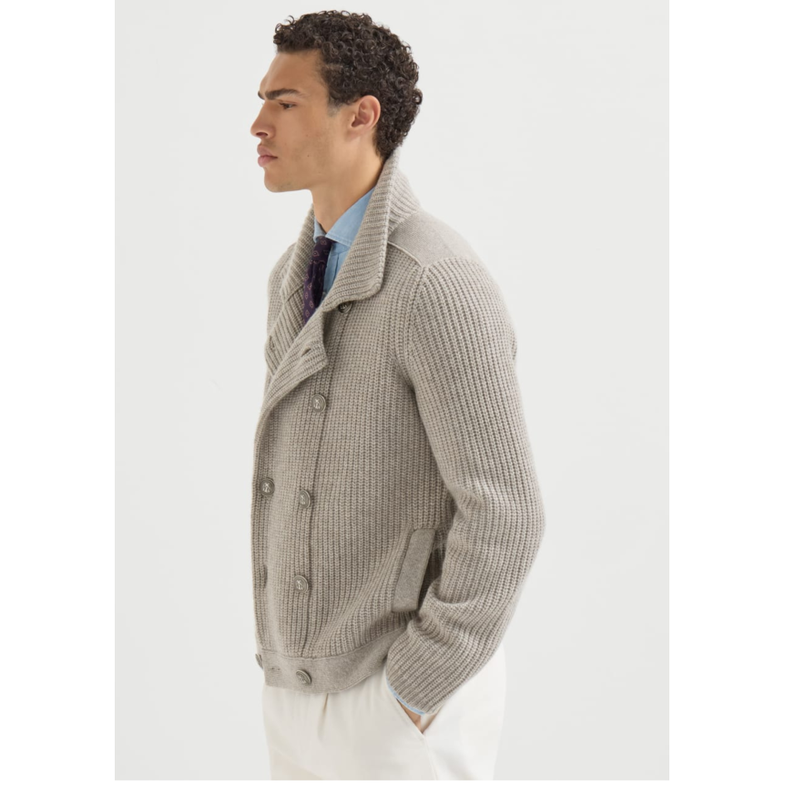 Cardigan BRUNELLO CUCINELLI Marina en cachemire à demi-côtes anglaise marron clair croisé bouton métal