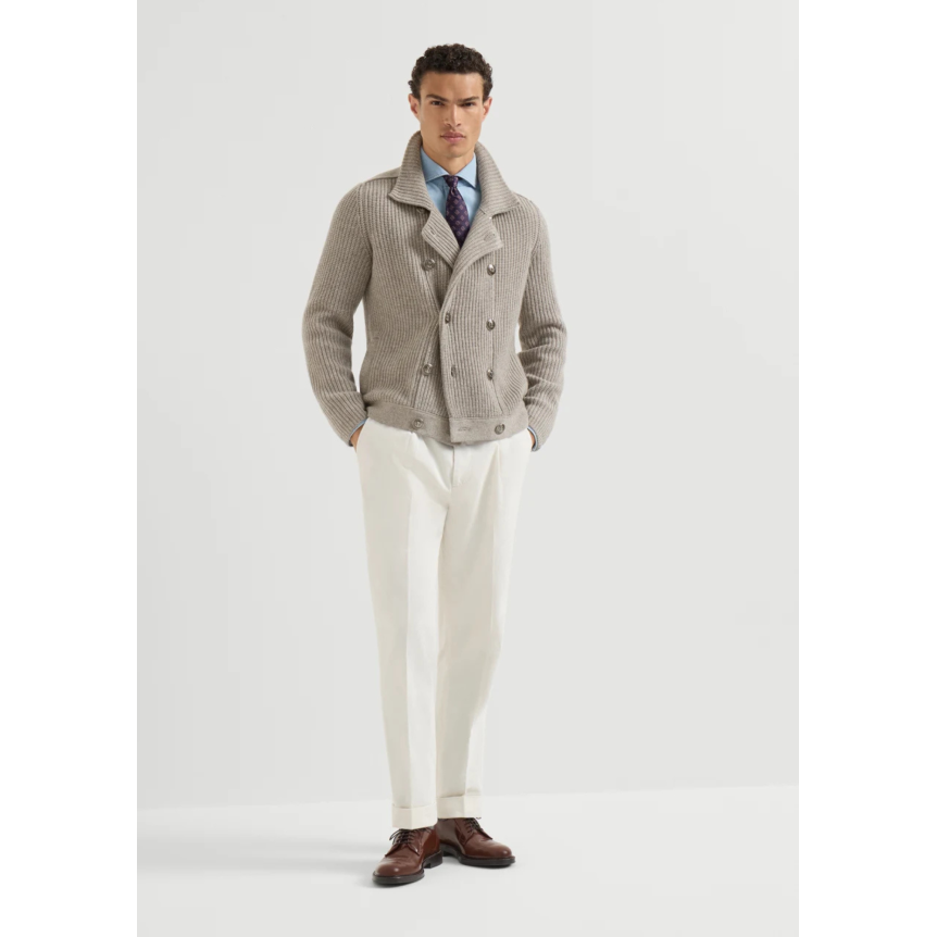 Cardigan BRUNELLO CUCINELLI Marina en cachemire à demi-côtes anglaise marron clair croisé bouton métal