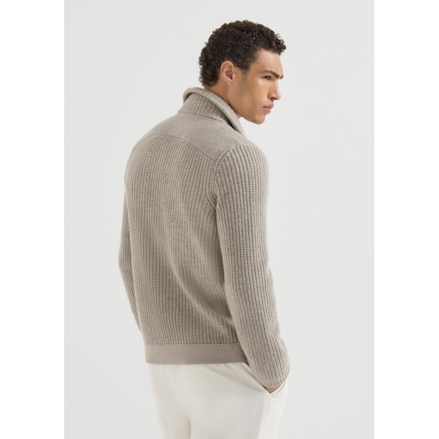 Cardigan BRUNELLO CUCINELLI Marina en cachemire à demi-côtes anglaise marron clair croisé bouton métal