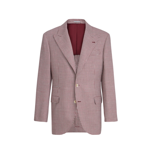 Veste Blazer BRUNELLO CUCINELLI laine vierge soie et lin motif pied-de-poule petit carreaux rouge cerise