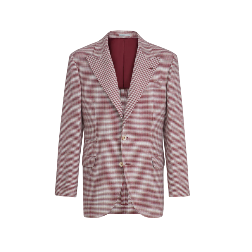 Veste Blazer BRUNELLO CUCINELLI laine vierge soie et lin motif pied-de-poule petit carreaux rouge cerise