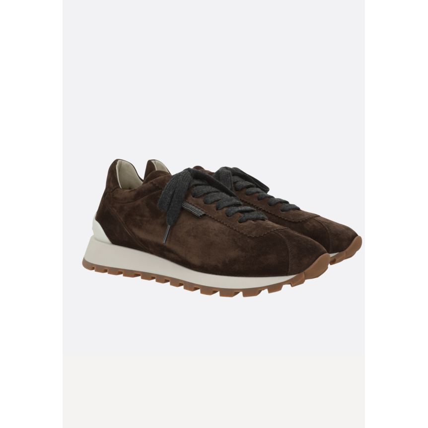 Basket basse BRUNELLO CUCINELLI daim marron lacets gris anthracite Monile