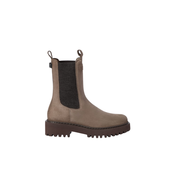 Bottine Chelsea BRUNELLO CUCINELLI en daim marron application en maille et détail boucle fantaisie