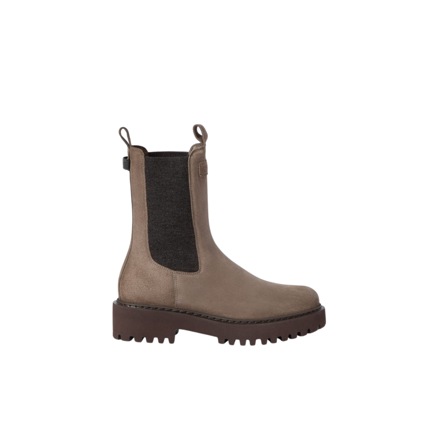 Bottine Chelsea BRUNELLO CUCINELLI en daim marron application en maille et détail boucle fantaisie