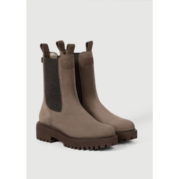 Bottine Chelsea BRUNELLO CUCINELLI en daim marron application en maille et détail boucle fantaisie