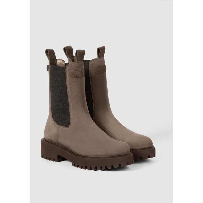 Bottine Chelsea BRUNELLO CUCINELLI en daim marron application en maille et détail boucle fantaisie