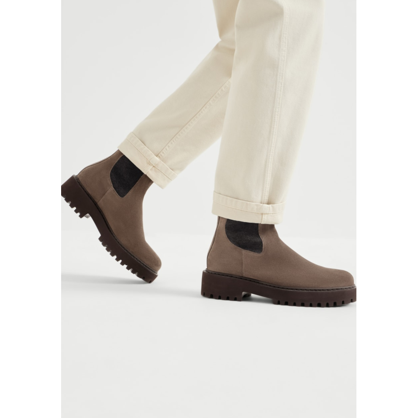 Bottine Chelsea BRUNELLO CUCINELLI en daim marron application en maille et détail boucle fantaisie