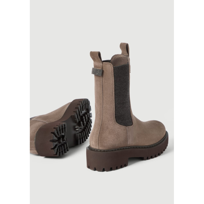 Bottine Chelsea BRUNELLO CUCINELLI en daim marron application en maille et détail boucle fantaisie