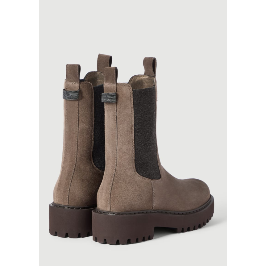 Bottine Chelsea BRUNELLO CUCINELLI en daim marron application en maille et détail boucle fantaisie