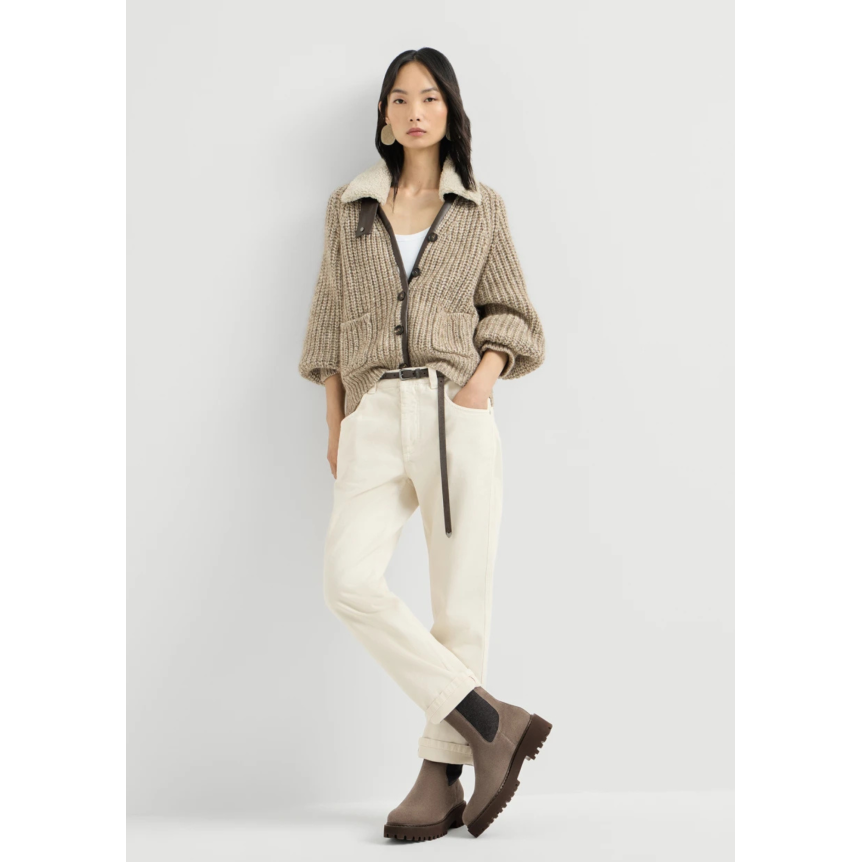 Bottine Chelsea BRUNELLO CUCINELLI en daim marron application en maille et détail boucle fantaisie