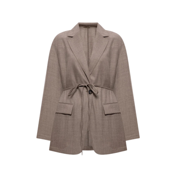 Blazer croisé BRUNELLO CUCINELLI laine vierge marron clair effet chiné avec ceinture à nouer