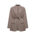 Blazer croisé laine vierge marron clair effet chiné avec ceinture à nouer