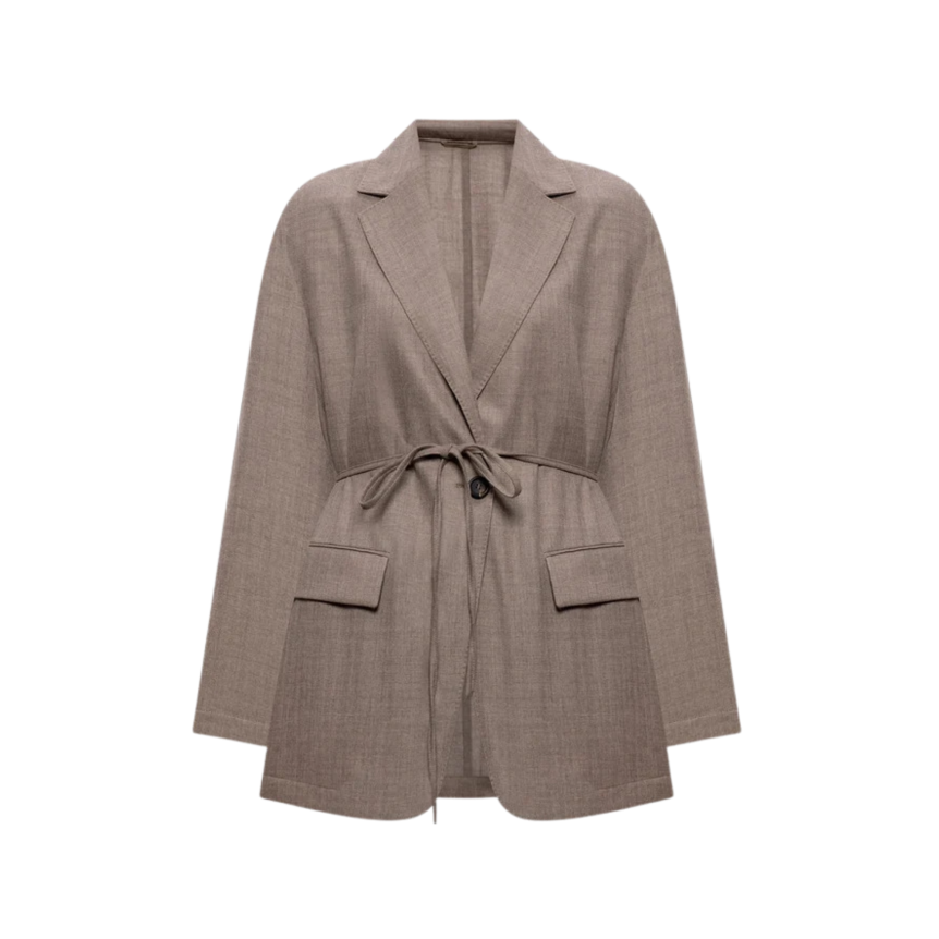 Blazer croisé BRUNELLO CUCINELLI laine vierge marron clair effet chiné avec ceinture à nouer