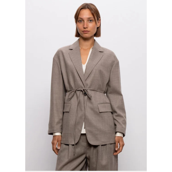 Blazer croisé BRUNELLO CUCINELLI laine vierge marron clair effet chiné avec ceinture à nouer