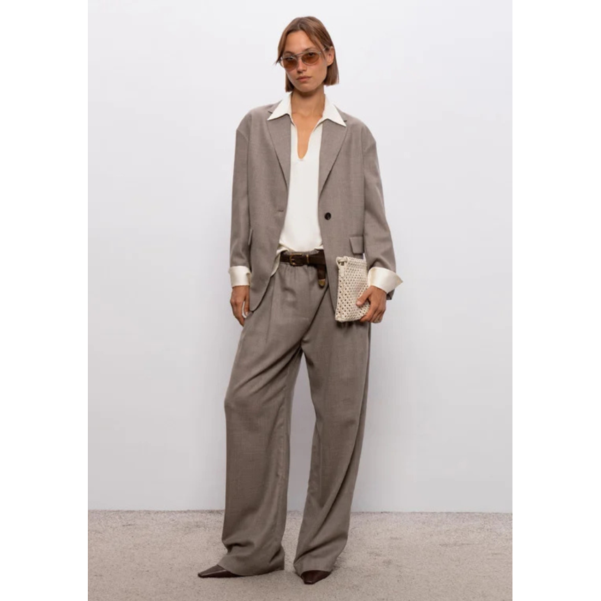 Blazer croisé BRUNELLO CUCINELLI laine vierge marron clair effet chiné avec ceinture à nouer