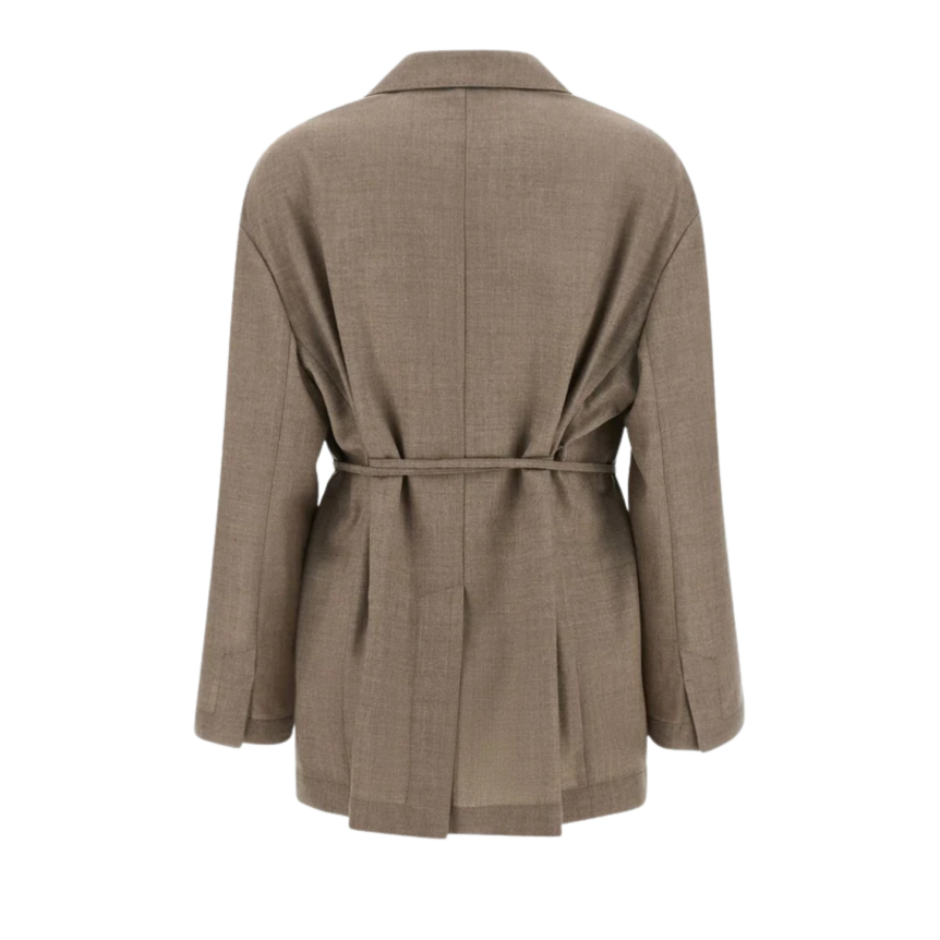 Blazer croisé BRUNELLO CUCINELLI laine vierge marron clair effet chiné avec ceinture à nouer