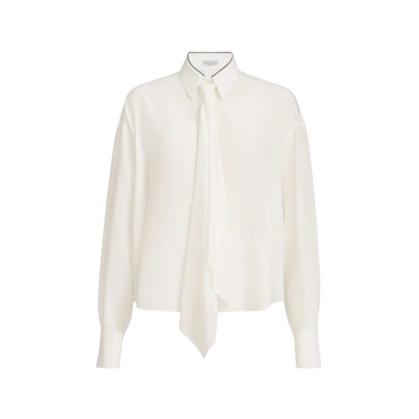 Chemise BRUNELLO CUCINELLI en crêpe de Chine de soie écru avec cravate et col brillant