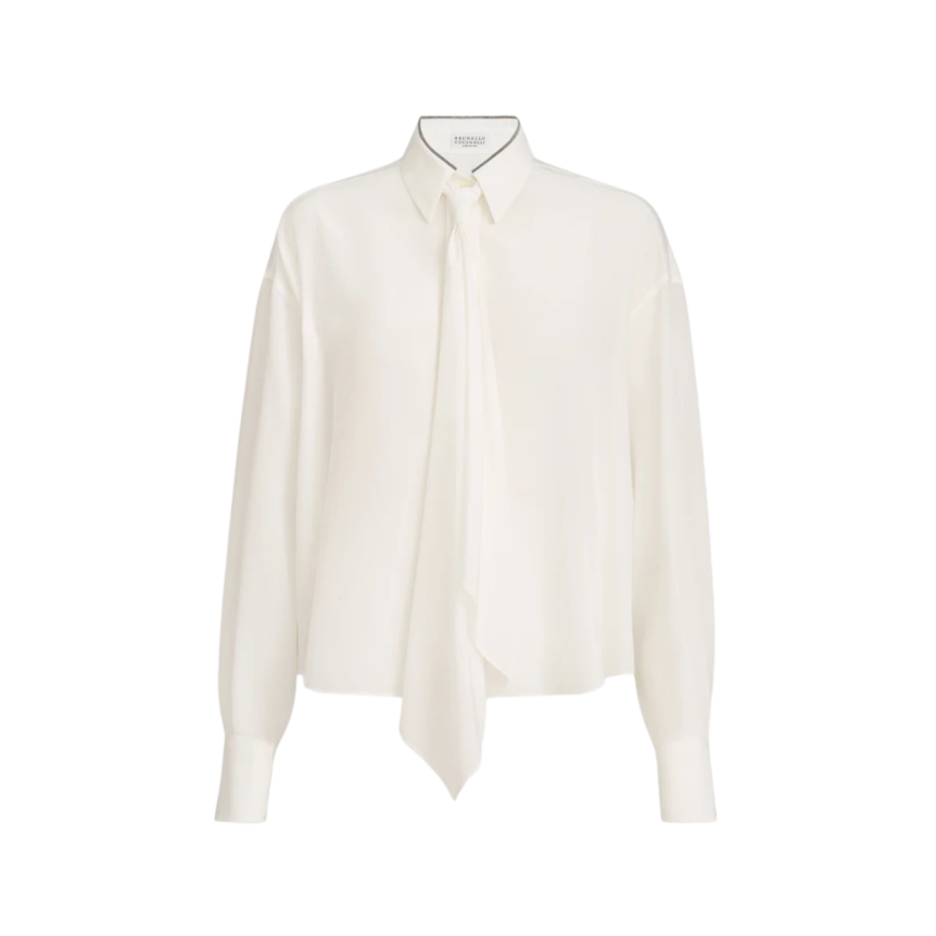 Chemise BRUNELLO CUCINELLI en crêpe de Chine de soie écru avec cravate et col brillant