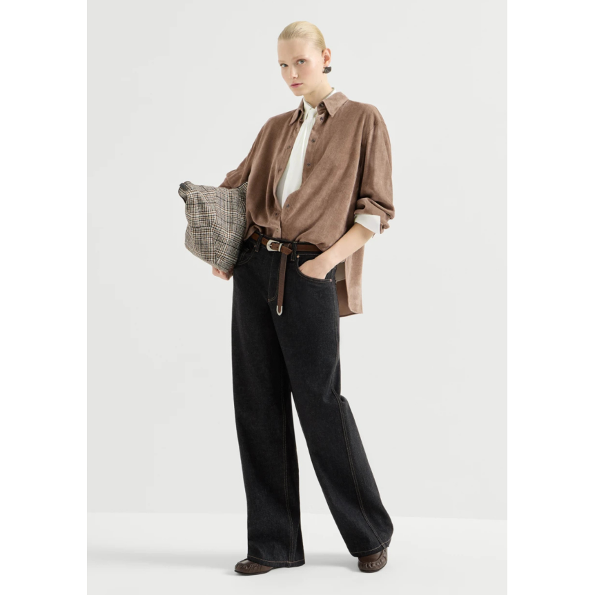 Chemise BRUNELLO CUCINELLI en crêpe de Chine de soie écru avec cravate et col brillant