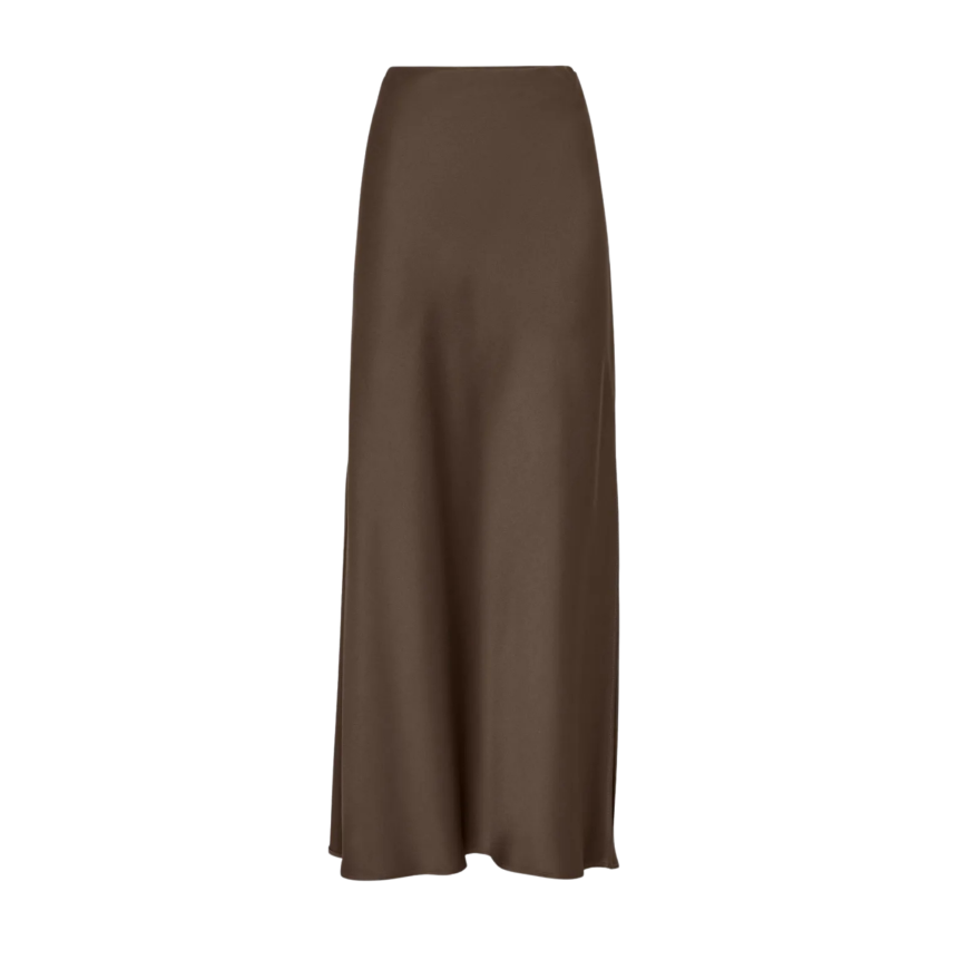 Jupe longue fendue BRUNELLO CUCINELLI acétate viscose satin marron chocolat