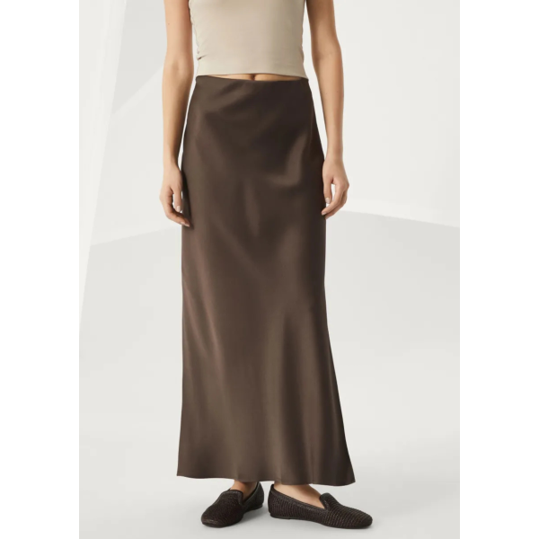 Jupe longue fendue BRUNELLO CUCINELLI acétate viscose satin marron chocolat