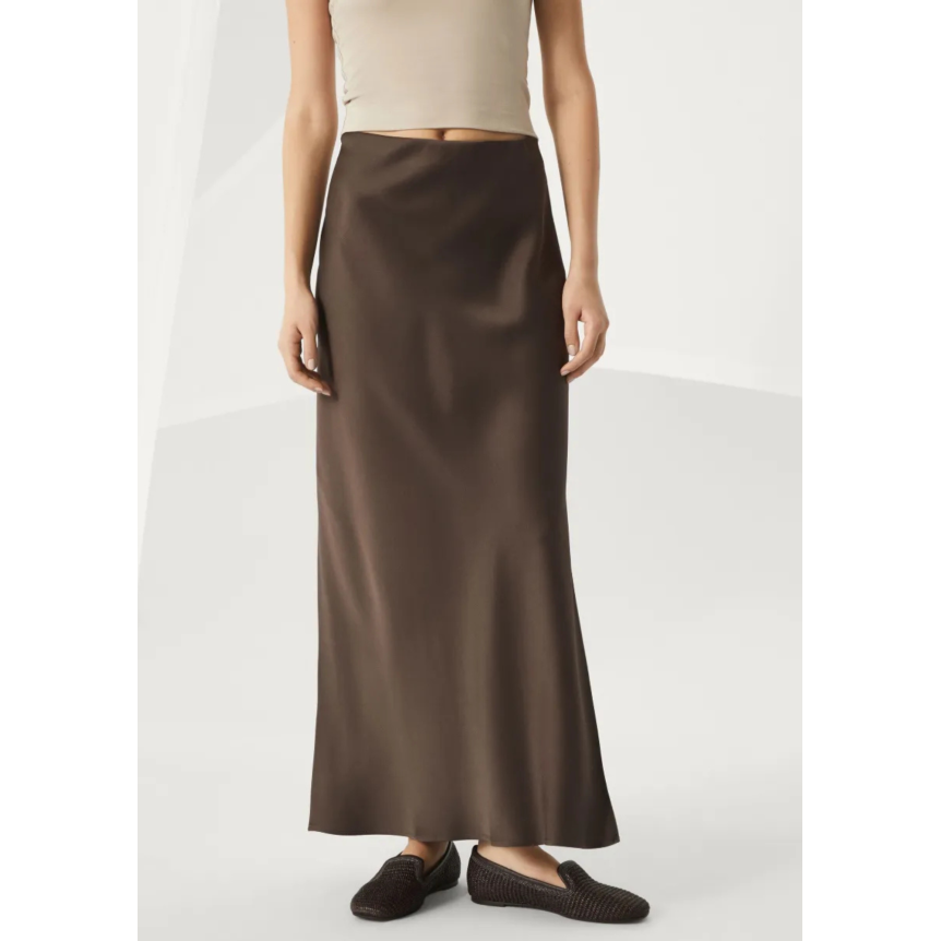 Jupe longue fendue BRUNELLO CUCINELLI acétate viscose satin marron chocolat