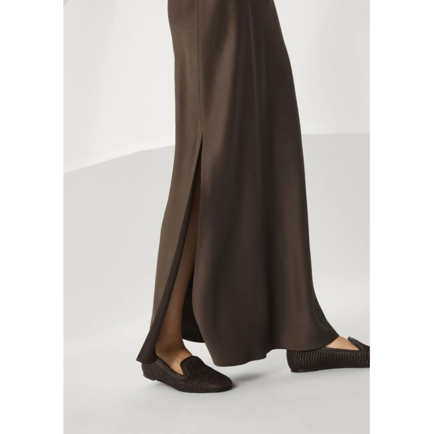 Jupe longue fendue BRUNELLO CUCINELLI acétate viscose satin marron chocolat