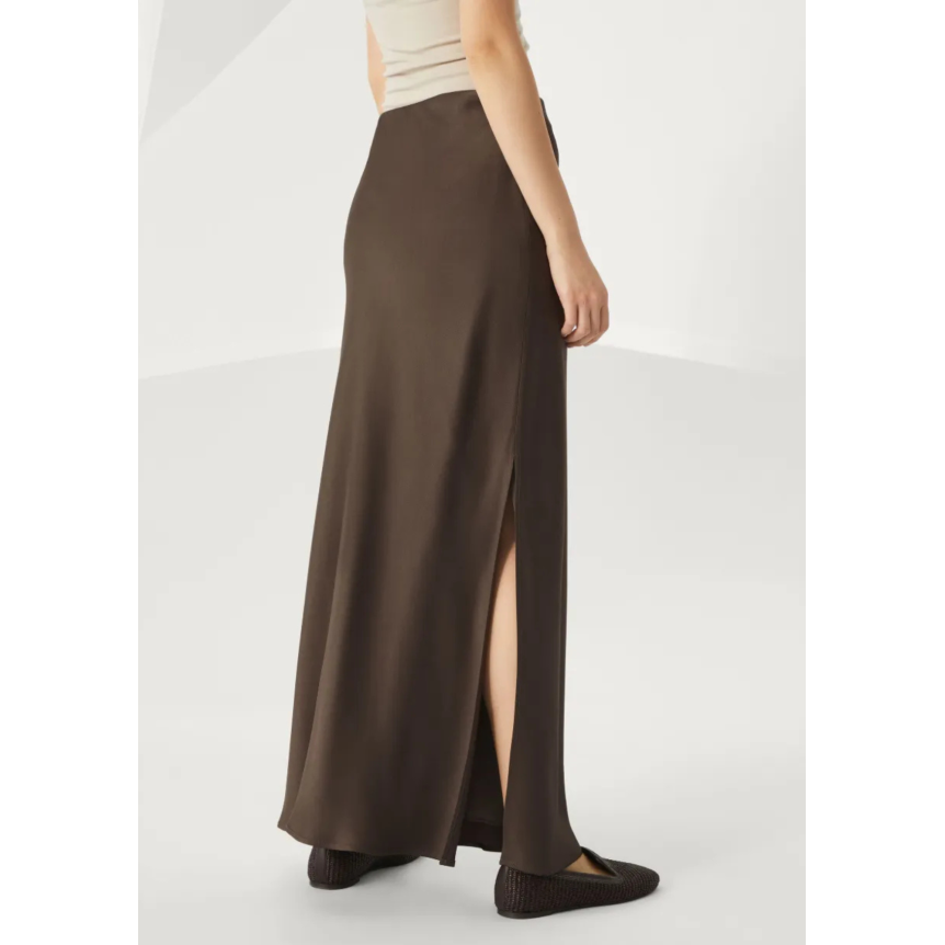 Jupe longue fendue BRUNELLO CUCINELLI acétate viscose satin marron chocolat