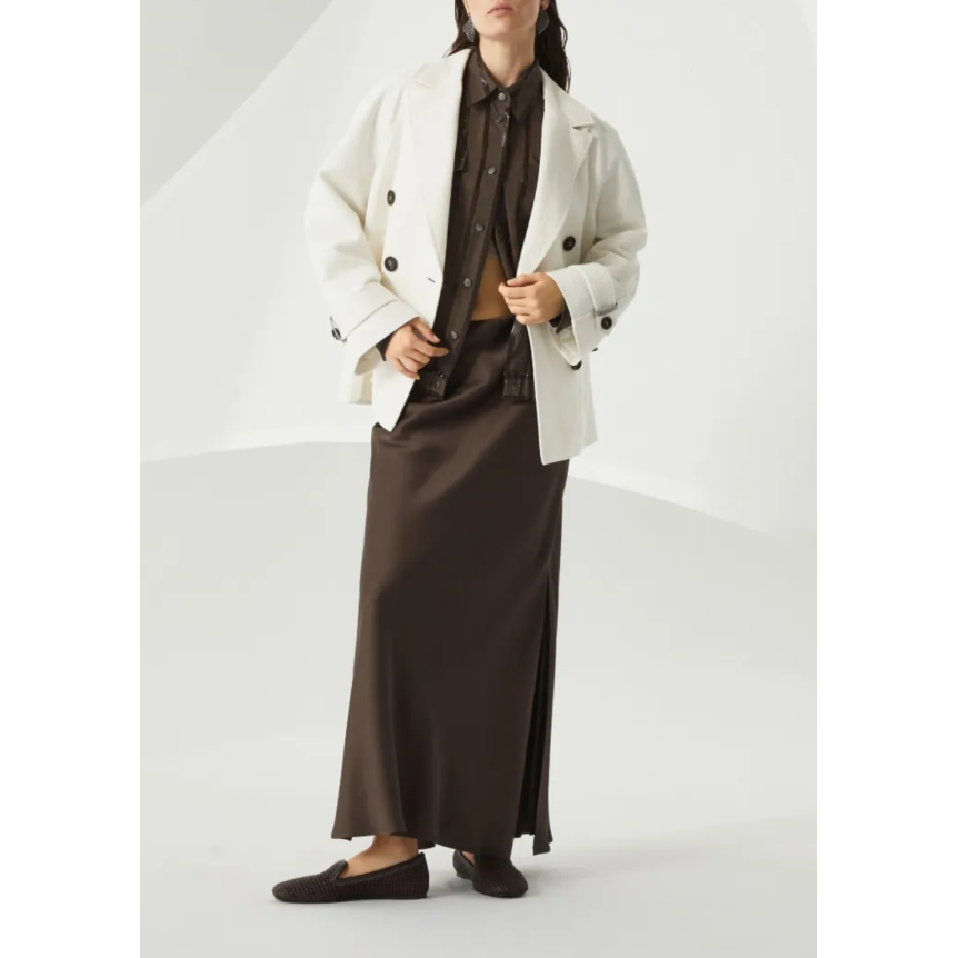 Jupe longue fendue BRUNELLO CUCINELLI acétate viscose satin marron chocolat