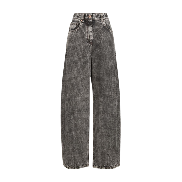 Pantalon Jean BRUNELLO CUCINELLI Wide en denim Prince de Galles gris anthracite orné de Monile