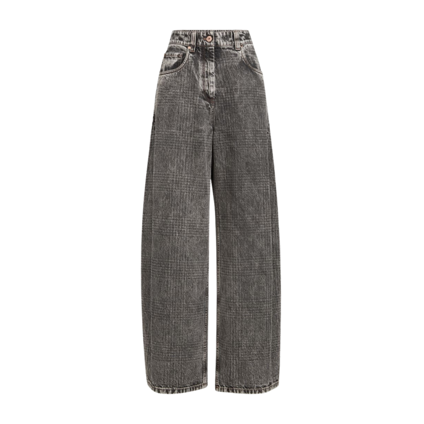 Pantalon Jean BRUNELLO CUCINELLI Wide en denim Prince de Galles gris anthracite orné de Monile