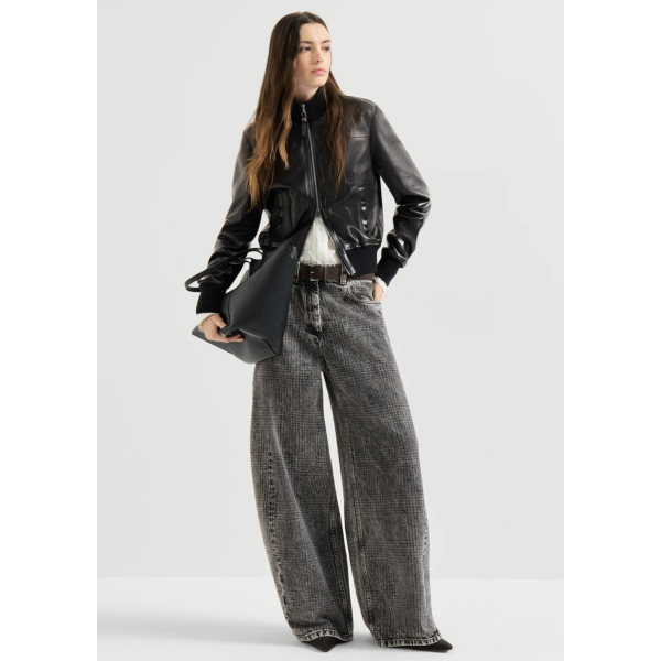 Pantalon Jean BRUNELLO CUCINELLI Wide en denim Prince de Galles gris anthracite orné de Monile