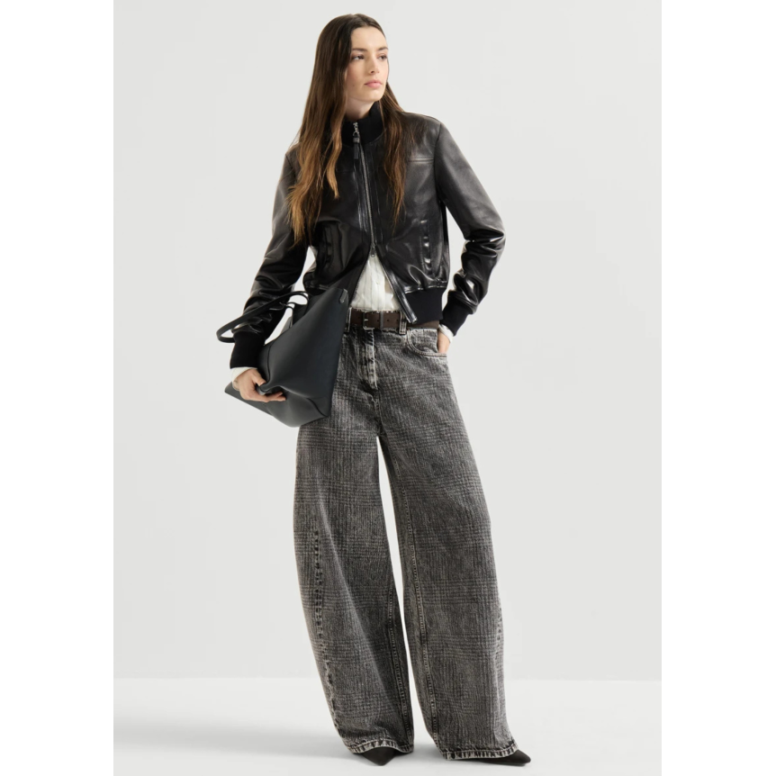 Pantalon Jean BRUNELLO CUCINELLI Wide en denim Prince de Galles gris anthracite orné de Monile
