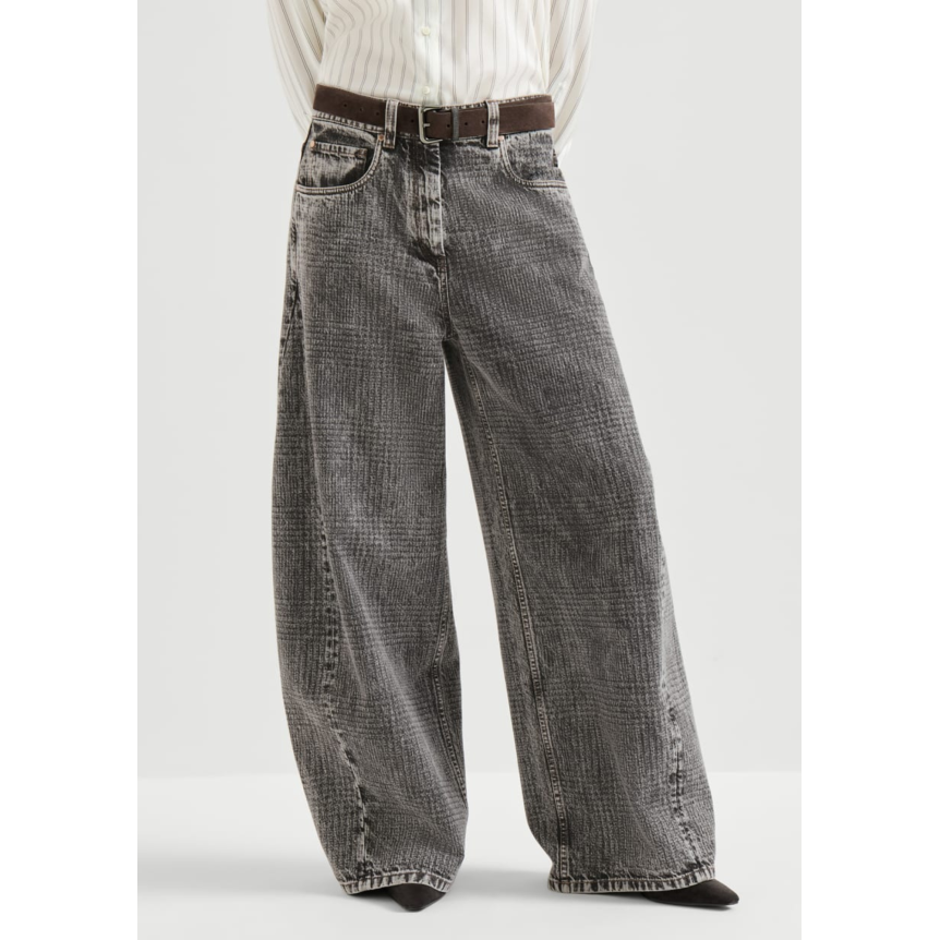Pantalon Jean BRUNELLO CUCINELLI Wide en denim Prince de Galles gris anthracite orné de Monile