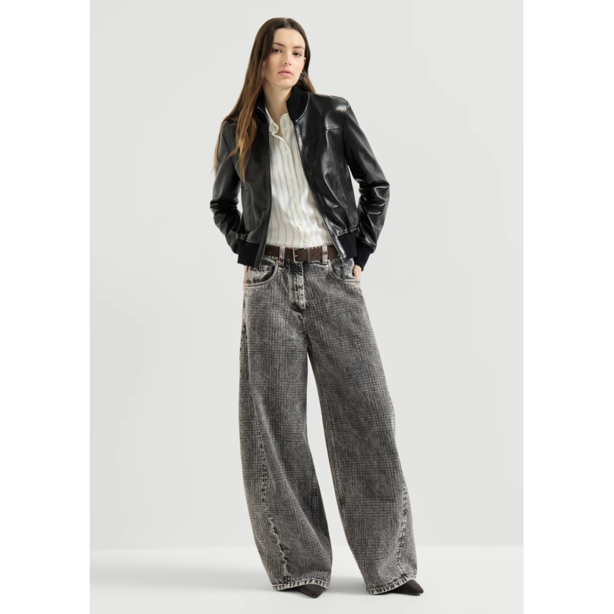 Pantalon Jean BRUNELLO CUCINELLI Wide en denim Prince de Galles gris anthracite orné de Monile