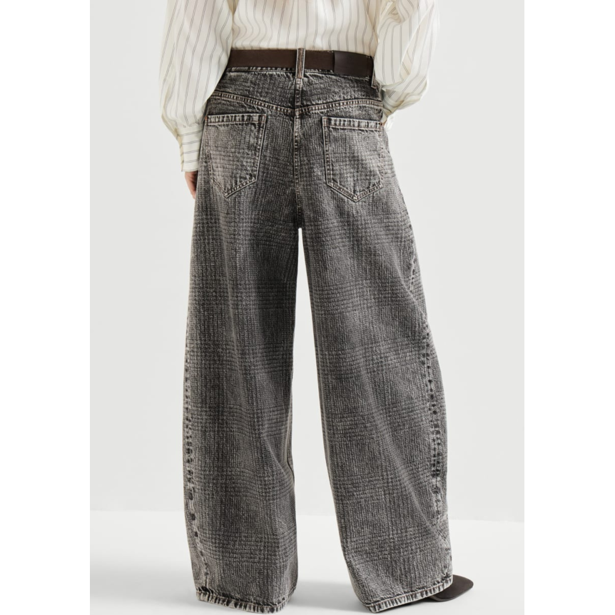 Pantalon Jean BRUNELLO CUCINELLI Wide en denim Prince de Galles gris anthracite orné de Monile