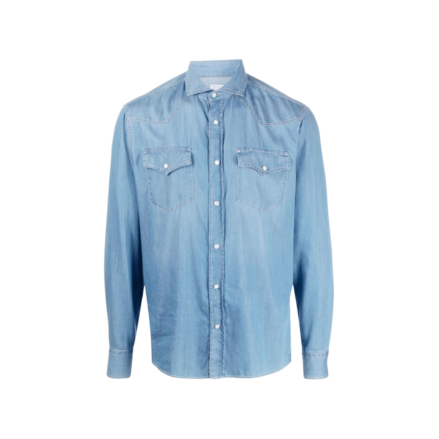 Chemise jean western BRUNELLO CUCINELLI denim coton bleu clair col italien poche pression