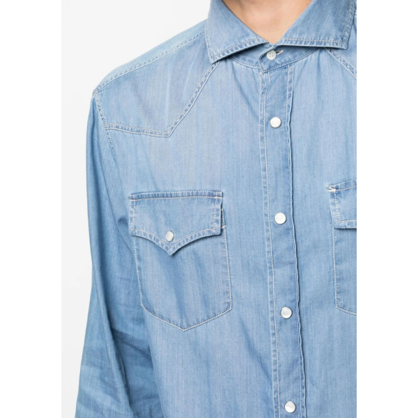 Chemise jean western BRUNELLO CUCINELLI denim coton bleu clair col italien poche pression