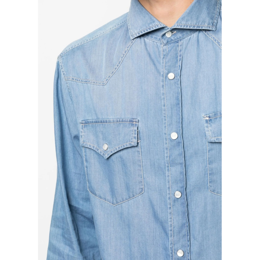 Chemise jean western BRUNELLO CUCINELLI denim coton bleu clair col italien poche pression