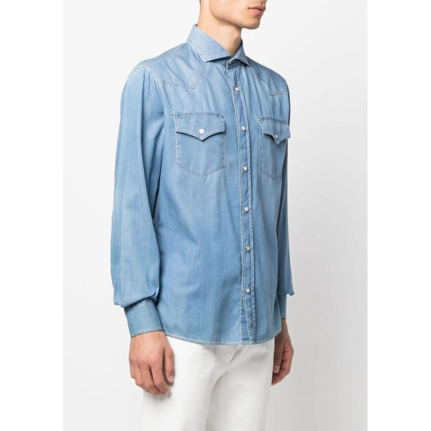 Chemise jean western BRUNELLO CUCINELLI denim coton bleu clair col italien poche pression