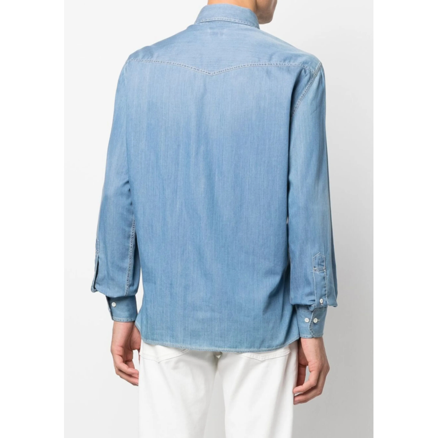 Chemise jean western BRUNELLO CUCINELLI denim coton bleu clair col italien poche pression
