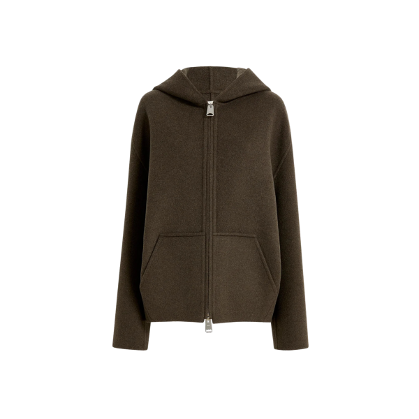 Veste cardigan zippé à capuche KHAITE Dolem laine double face kaki