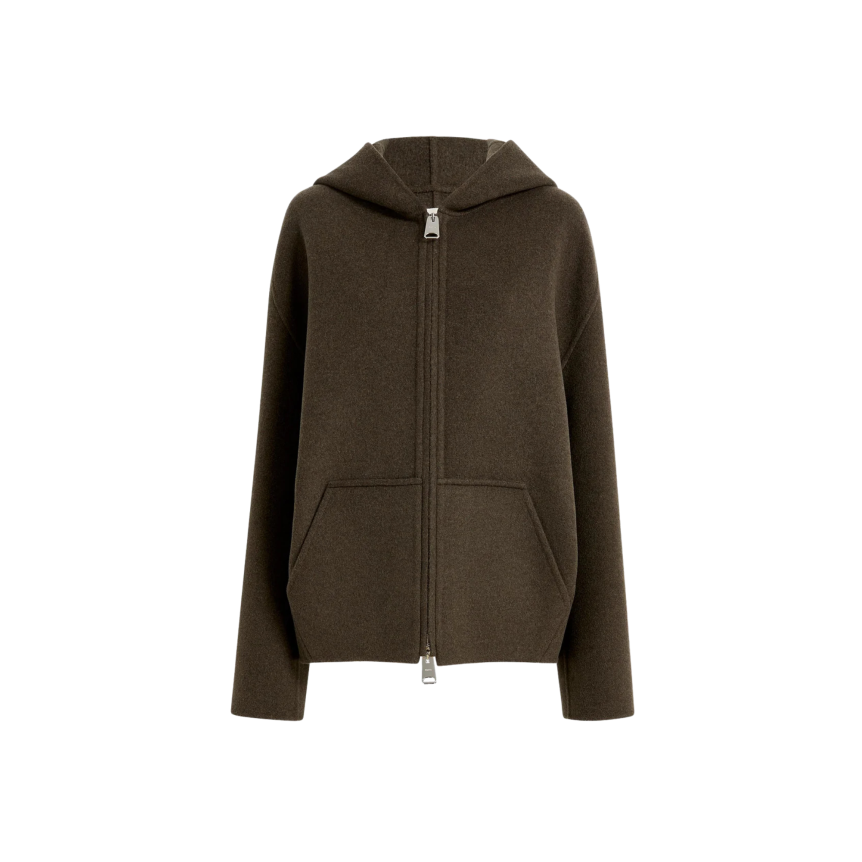 Veste cardigan zippé à capuche KHAITE Dolem laine double face kaki