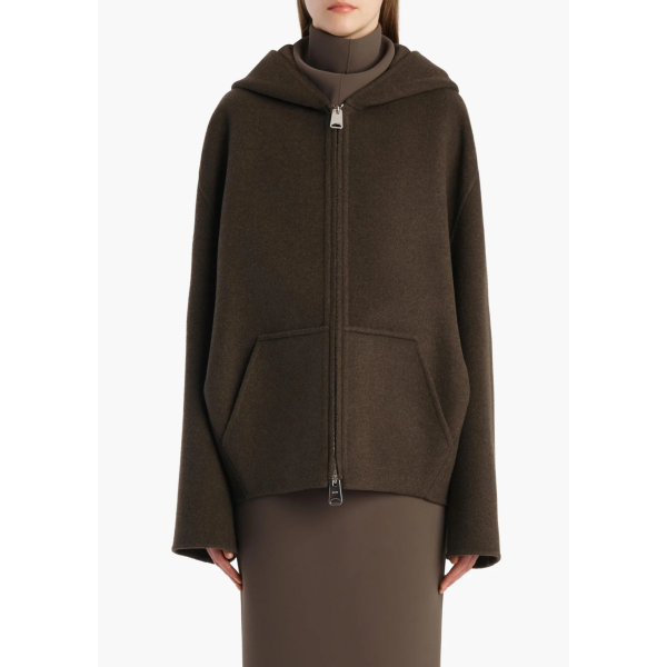 Veste cardigan zippé à capuche KHAITE Dolem laine double face kaki