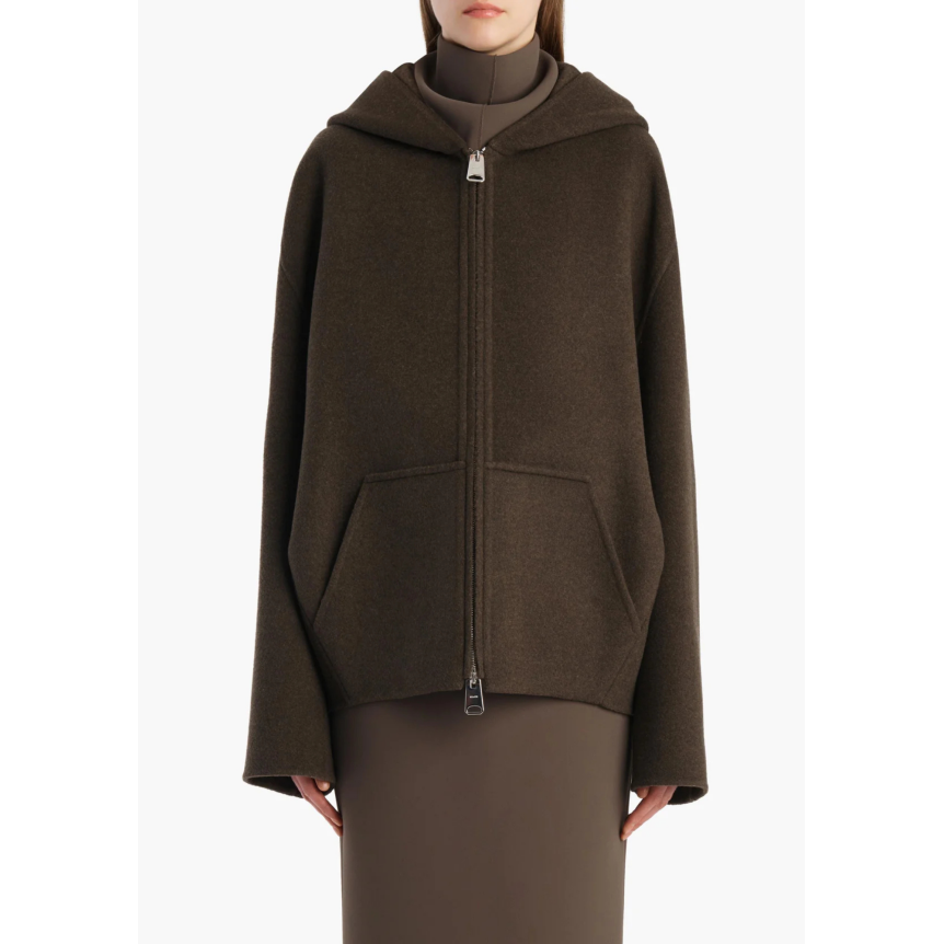 Veste cardigan zippé à capuche KHAITE Dolem laine double face kaki