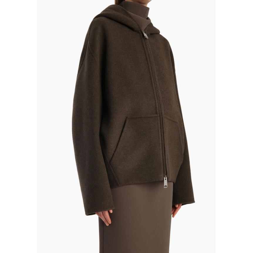 Veste cardigan zippé à capuche KHAITE Dolem laine double face kaki