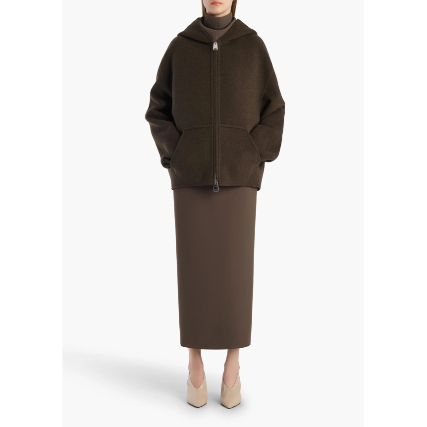 Veste cardigan zippé à capuche KHAITE Dolem laine double face kaki