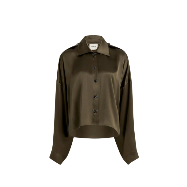 Chemise large à bouton KHAITE Bodine charmeuse de soie fluide vintage vert kaki
